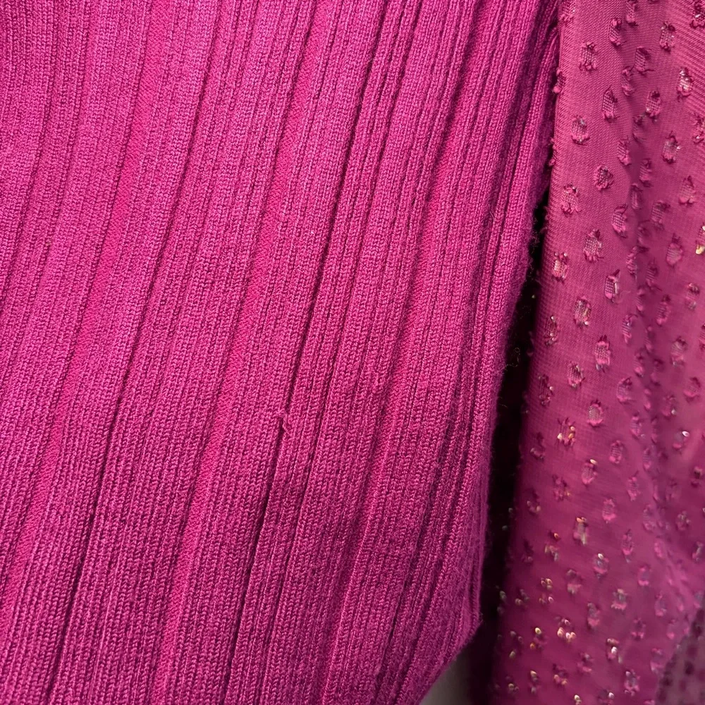 Anthropologie Puff-Sleeve Shimmer Plum Ribbed Knit Top Sheer Puff Sleeves Boho S